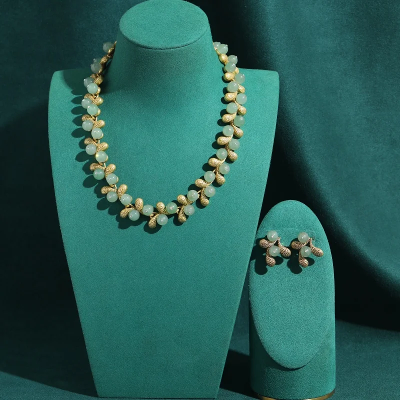 Vintage Green Agate Lazuli Stone Fruit 18k Jewelry Sets Necklace Earring Bracelet White Zircon Luxury High Quality Trending 2026