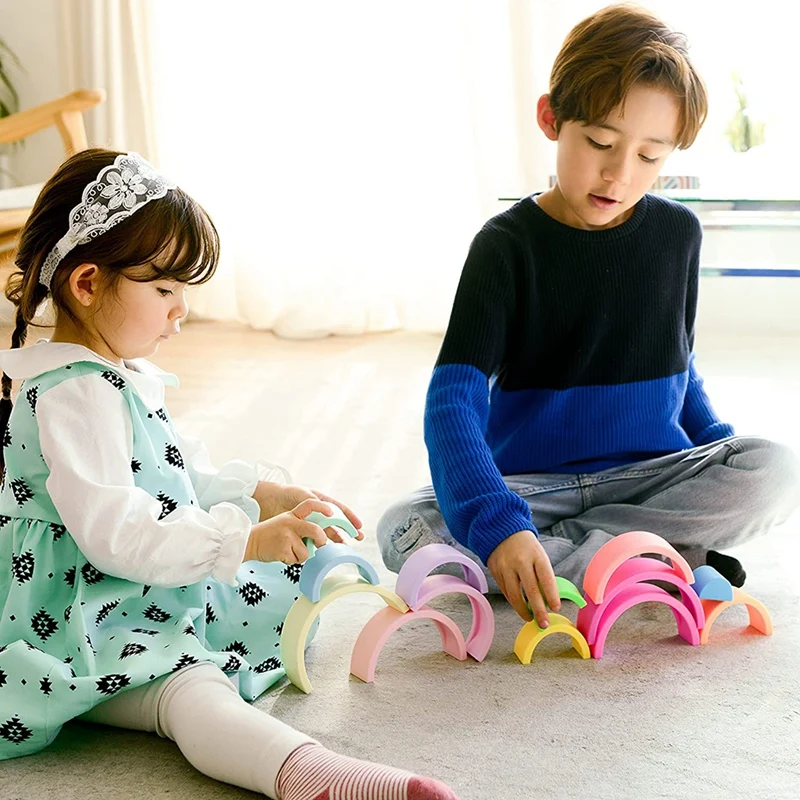 Silicone arco-íris empilhamento brinquedos educativos para crianças criativo arco-íris blocos de construção formas classificação pré-escolar