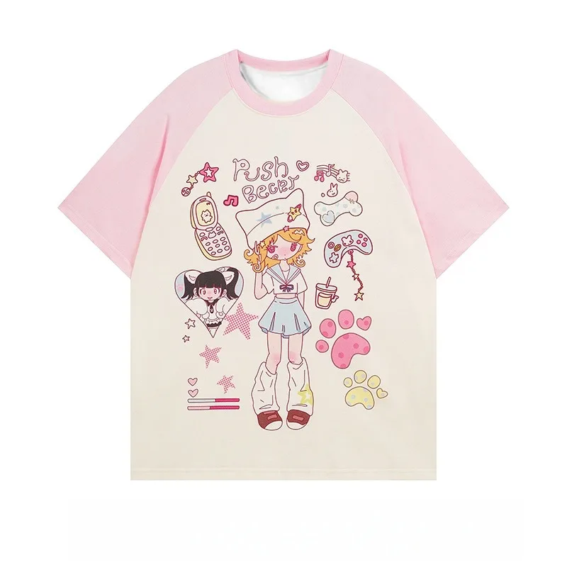 Sweet Cartoon 3D Printed Short Sleeved T-shirt, Summer Color Blocked Japanese Loose and Versatile Quick Drying Top, Trendy