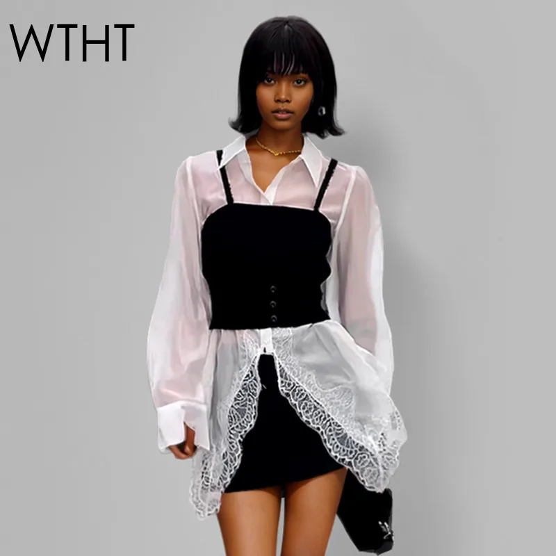 

WTHT Fashion Women's Suits Irregular Spliced Lace Lapel Long Sleeves Shirt Solid Color Sling Tops Set Female 2025 Summer 1LS2118