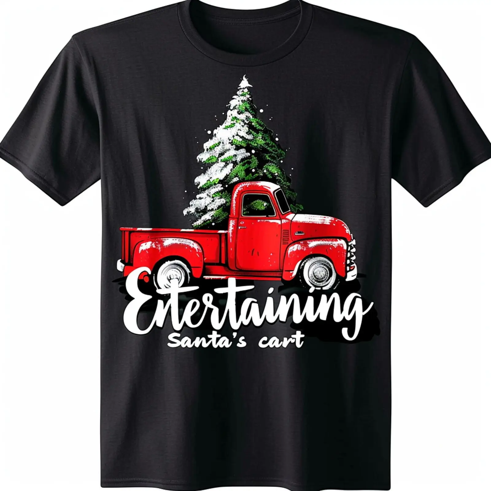 Merry Christmas Red Truck with Tree Funny Shirt Black Tee Santa's Cart Design