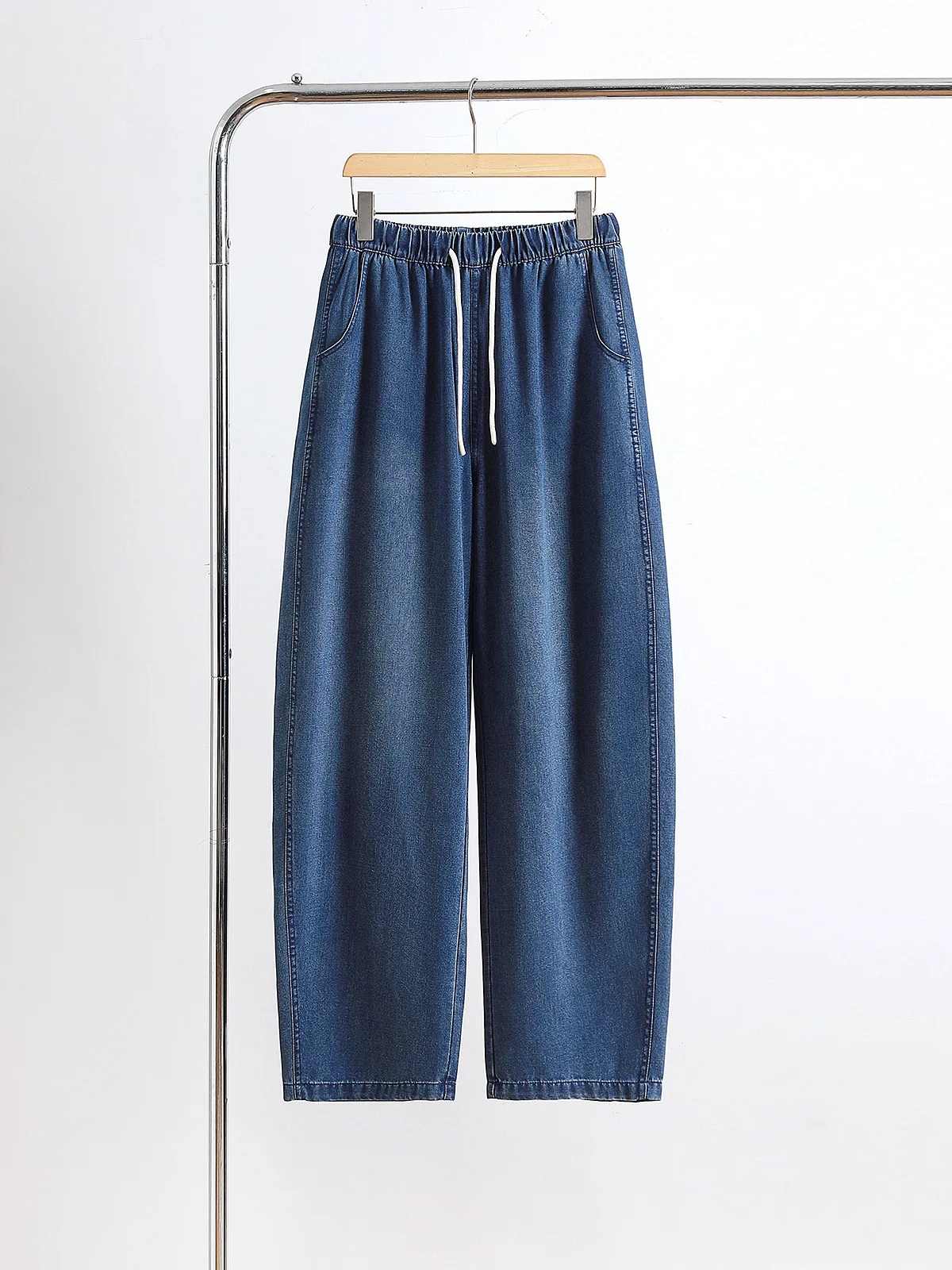 Damskie jeansy w stylu francuskim, nowy retro, z elastyczną talią na sznurku, luźne spodnie dżinsowe w kolorze niebieskim, jesienne, codzienne, modne, proste spodnie.