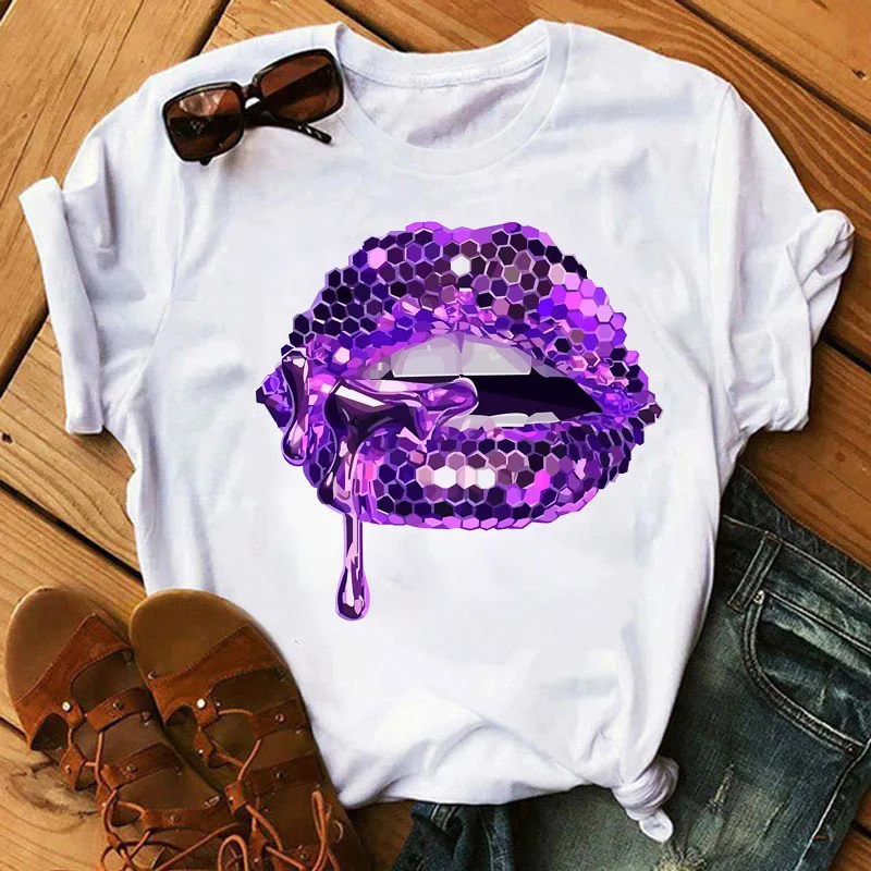 Sequins Shiny Lip Print Women T Shirt Short Sleeve O Neck Loose Women Tshirt Ladies Tee Shirt Tops Clothes Camisetas Mujer