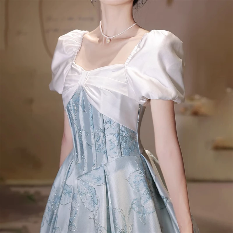 Vestido longo de manga folhada sem ombro feminino, vestido de noite, sentimento de alto nível, banquete elegante, roupa de anfitrião, azul, francês