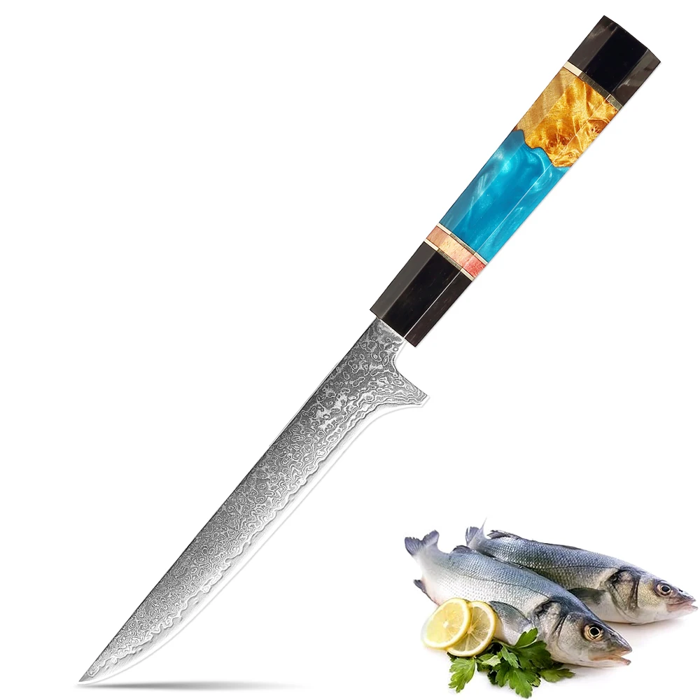 

6 Inch Boning Knife Damascus Steel Professional Grade Boning Fillet Knife Deboning Knife Pakkawood Handle for Meat and Poultry