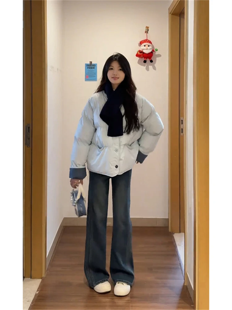 

Милый синий пуховик из хлопка для женщин, модное новое весеннее хлопковое пальто, красивое свободное длинное пальто в корейском стиле