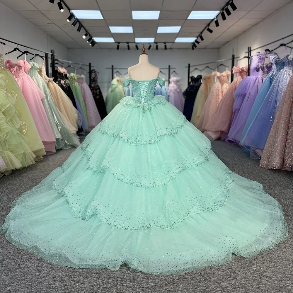 Sweet Customized Green Princess Ball Gown Quinceañera Dresses 2024 Bow Short Sleeves Beads Birthday Party For 15th Girls DY6801