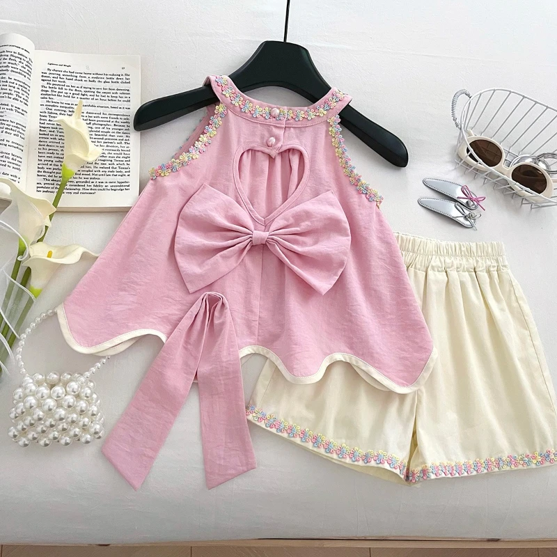 

Summer New Sleeveless Top + Shorts Casual Two-piece Set with Hat for Girls Girl Clothes Girls' Suit