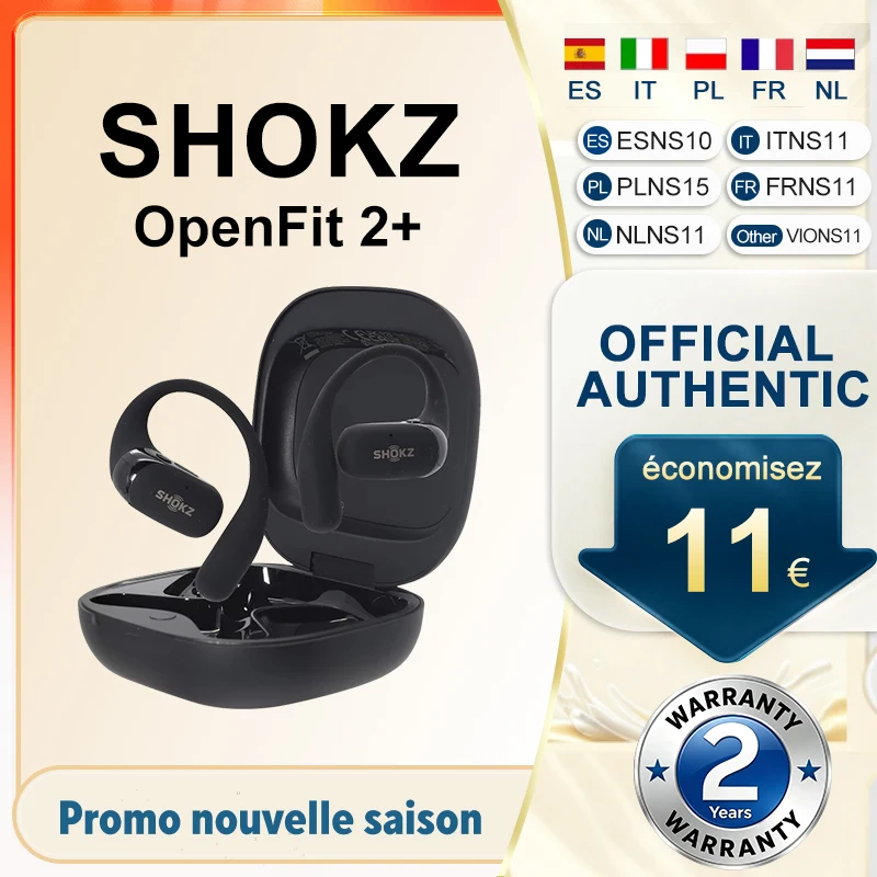 Cuffie Open-Ear Originali SHOKZ OpenFit 2+ T921 con Audio Dolby, Bluetooth 5.4 Wireless, Microfono, 48 Ore di Utilizzo, IP55, Ricarica Rapida