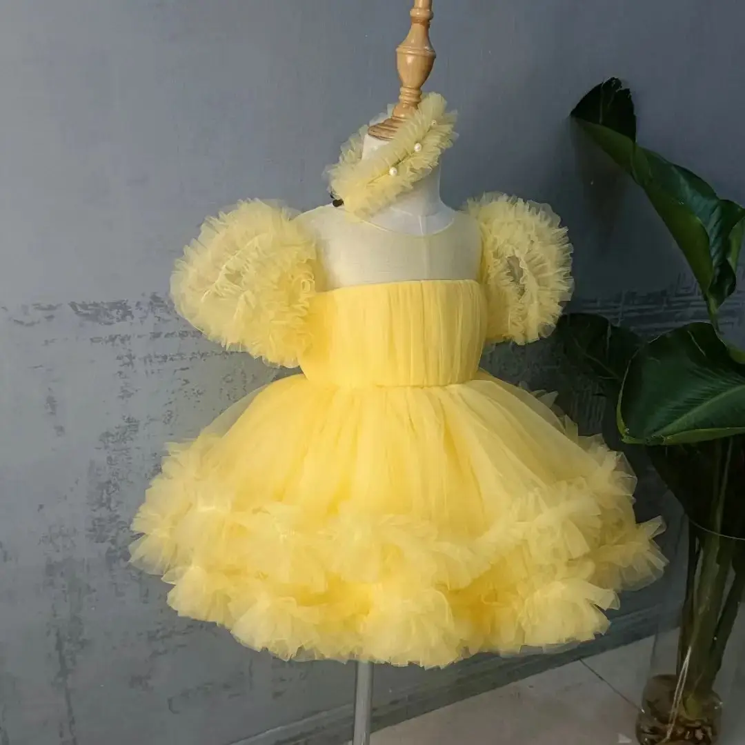 

Yellow Puffy Tulle Flower Girl Dresses For Wedding Tiered Kids Birthday Party Princess Sheer Neck Toddler Baby Ball Gown