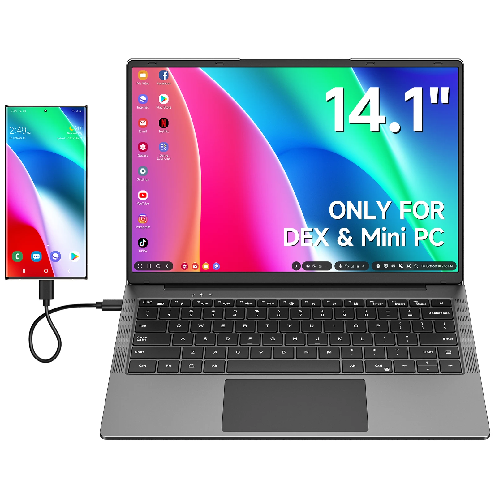 Dopesplay 14,1 inch Lapdock Monitor met Toetsenbord & Batterij voor Samsung DeX S24 Z Fold 6 Note20 1200P Schermvergroter voor Mini PC - afbeelding 1