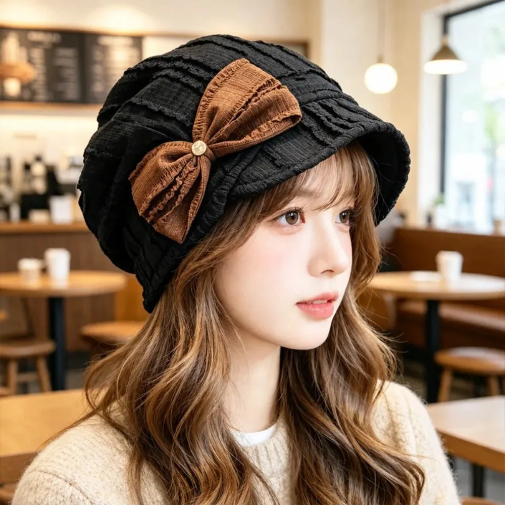 Soft Material Knitted Bucket Hat Foldable Design Adjustable Drawstring Ear-Covering Hat Bow Decoration Double-Layer Knitted