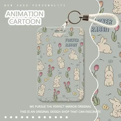 Cute Student ID Card Holder Cartoon Anime Bunny Floral Kpop Idol Photocard Cover Case with Lanyard Aesthetic Card Protector