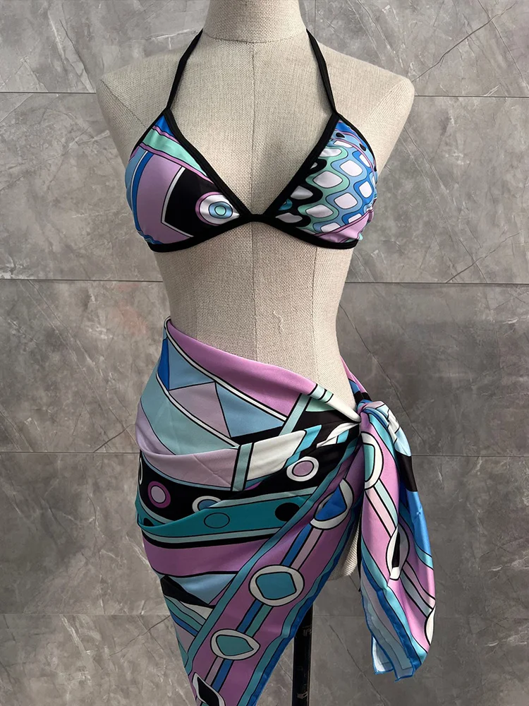 2026 New Summer Swimwea One Piece Swimsuit Sexy Print Spaghetti Strap Bikini Set Women Split Swimsuit Beach Backless Bikini