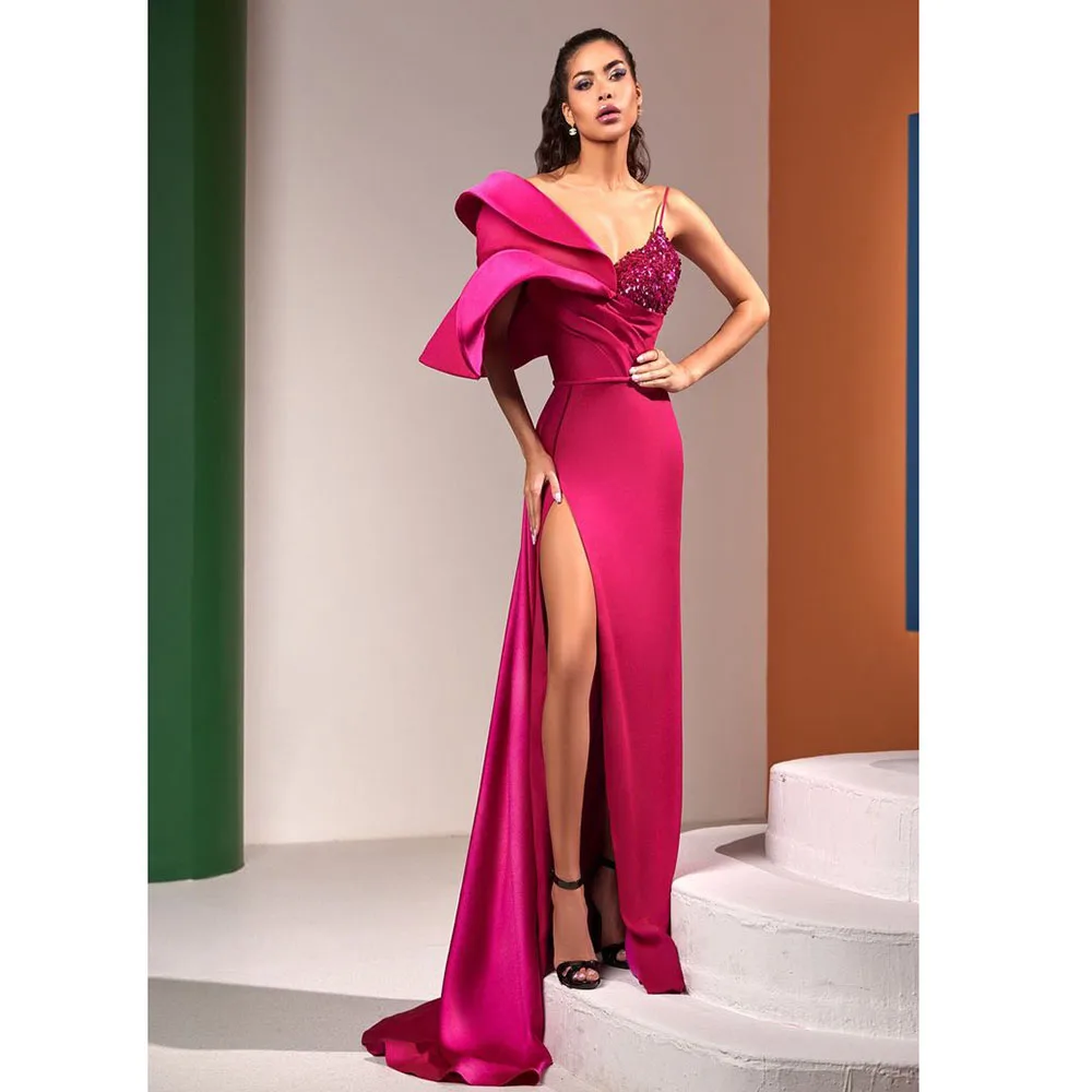 

High Quality Rose Red Women Prom Dresses Sweetheart Spaghetti Strap Tailoring Floor Length Sexy High Side Split Party Gowns