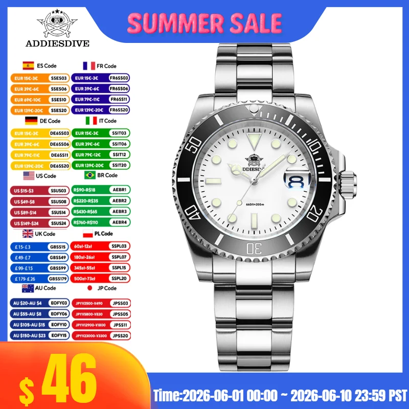 

ADDIESDIVE Men's Fashion Watch 316L Stainless Steel часы мужские наручные 20Bar Diver BGW9 Luminous reloj hombre Quartz Watch