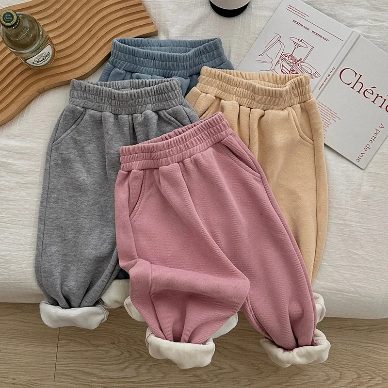 

2024 Autumn Winter Plush Kids Pants Korea Style Solid Color Thicken Warm Children Pants Boys Girls Pants