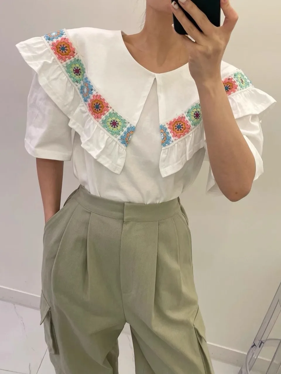 

Loose Fit Embroidered Doll Collar irt Women's Sweet Versatile Big Turn Collar Top Color Blo Flower Stitching Cotton Summer