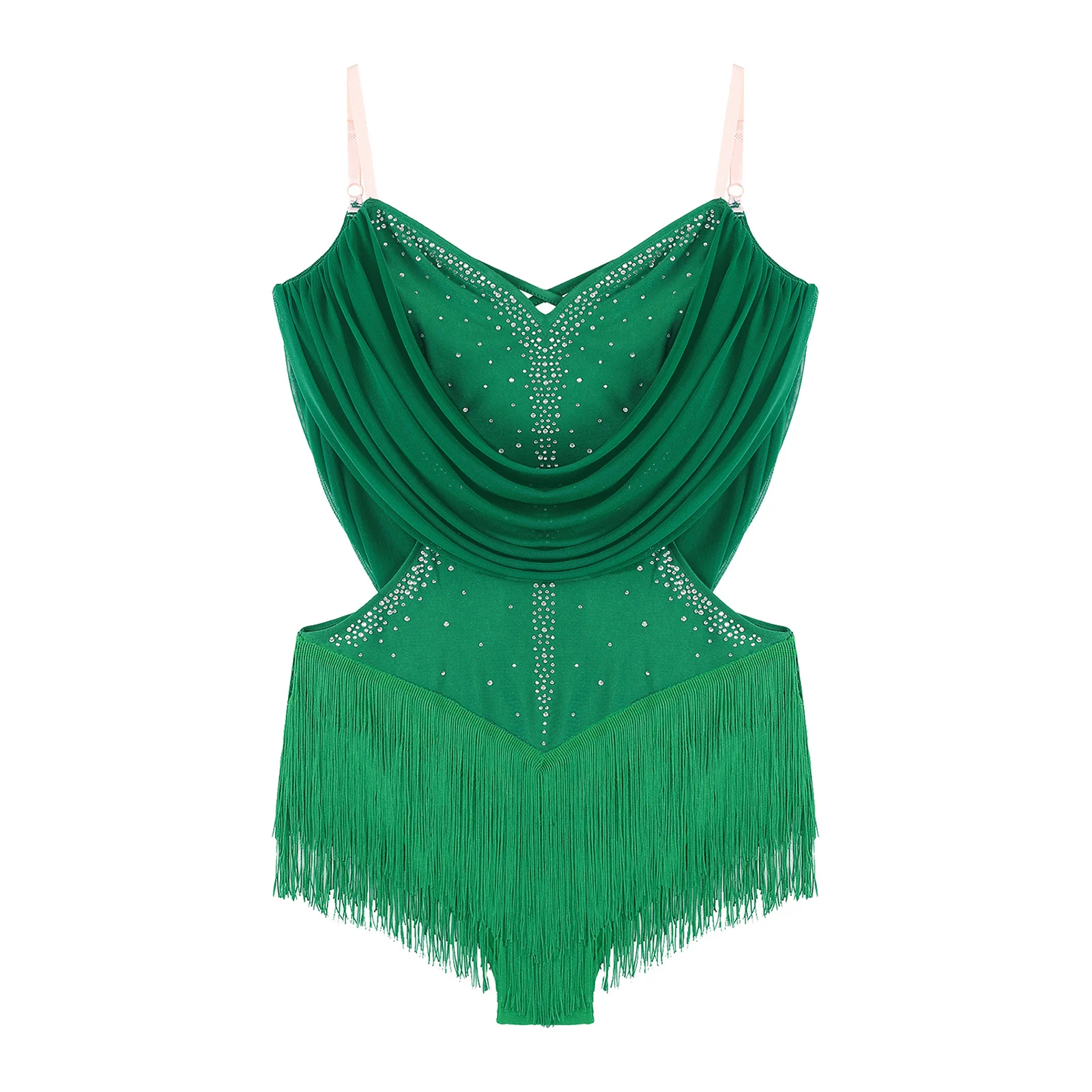 レディースラテンダンスドレスタッセルダンスレオタードキラキララインストーンフィギュアスケートチャチャサンバタンゴ社交フリンジ付きボディスーツ