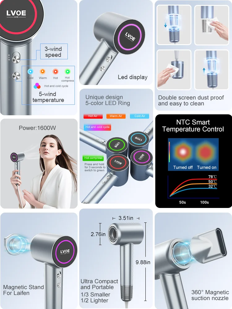 1600W High Speed Hair Dryer Smart Leafless Home Hairdryers Fast Drying High Power Low Noise Negative Ionic Hair Shop Blow Dryer