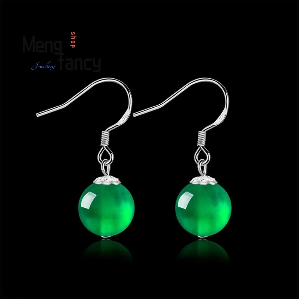 

S925 Silver Inlaid Natural Green Agate Retro Round Bead Earrings Fashion Exquisite Best Selling Luxury Fine Jewelry Holiday Gift