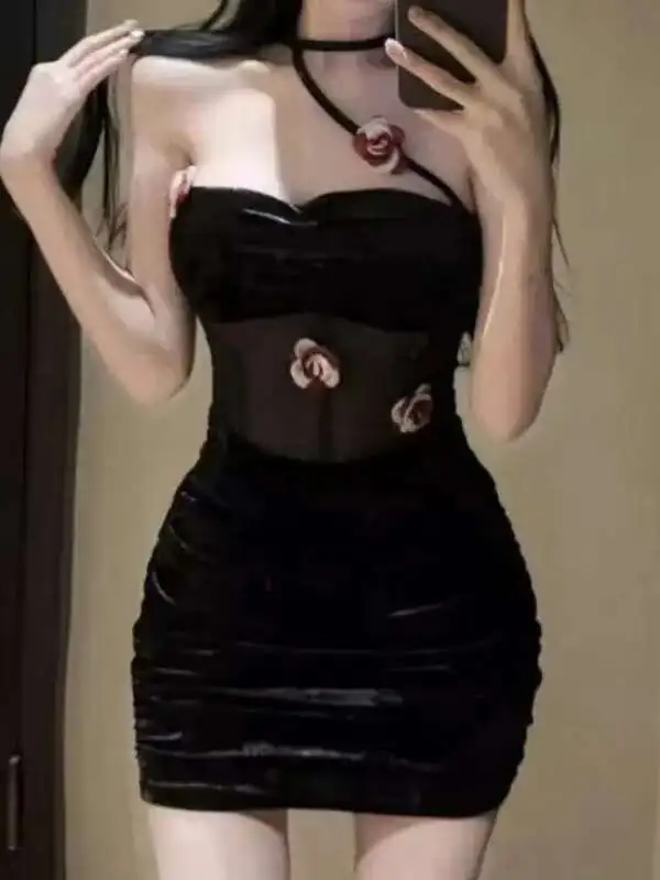 Sexy Mode Neue Eng Anliegende Liebsten 3D Blume Design Samt Kleid Elegante Mesh Spitze Sheer Süße Tank Mini Kleid Tops U0PD