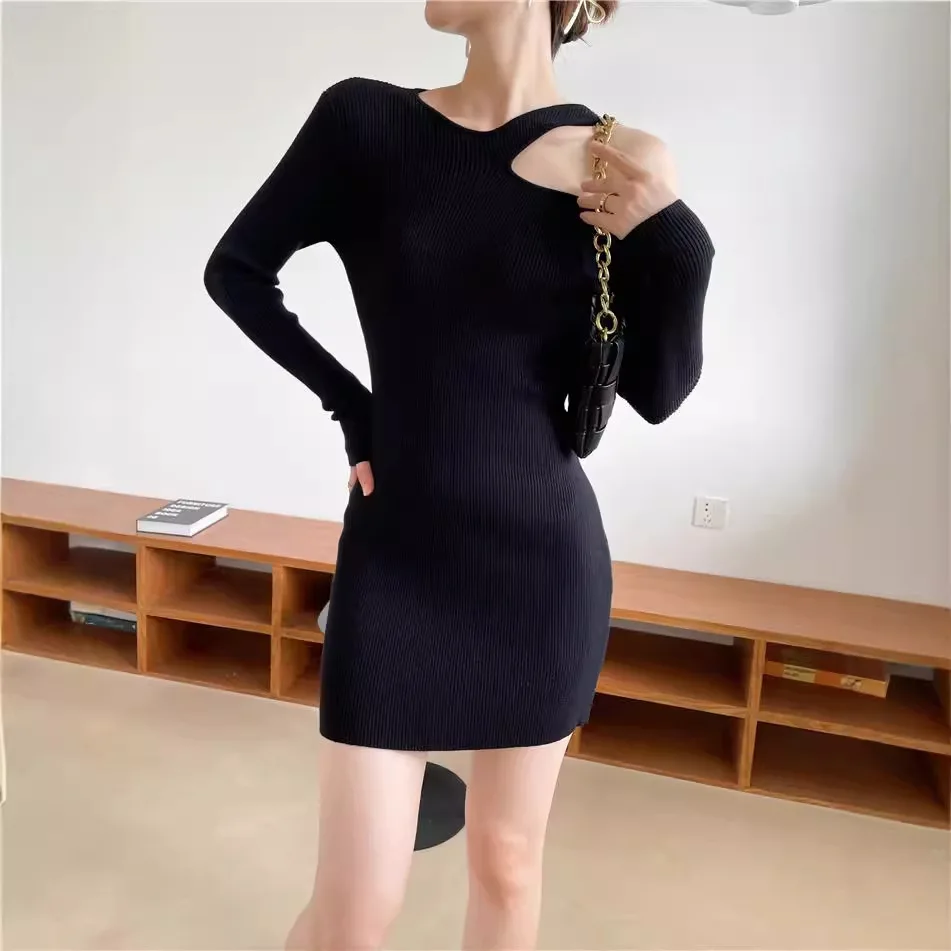 

3410 Hand-Torn Green Tea~2025 Elegant Sexy Off-Shoulder Design Autumn Winter Base Long Sleeve Bodycon A-Line Dress For Women
