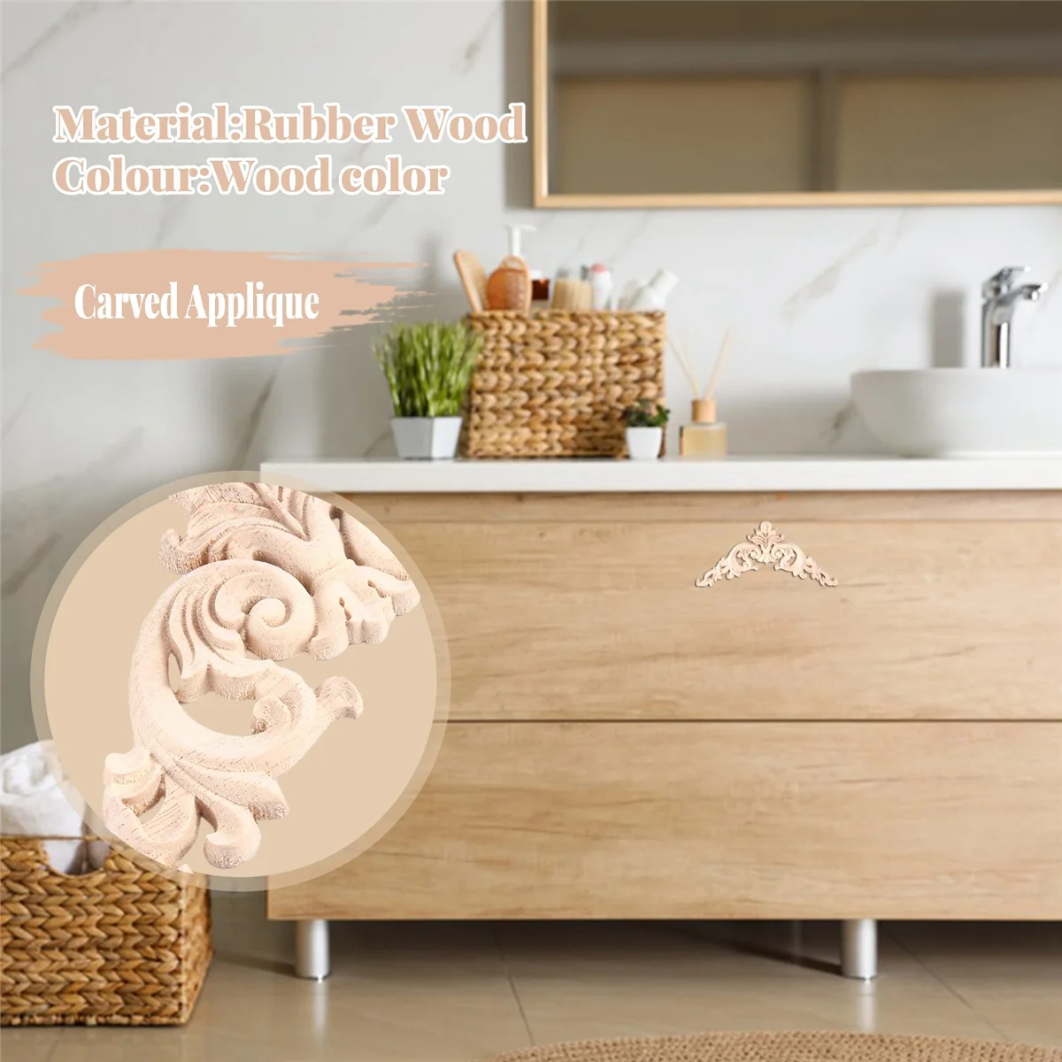 Applique ad angolo intagliato in legno di gomma da 15*15cm squisita non verniciata