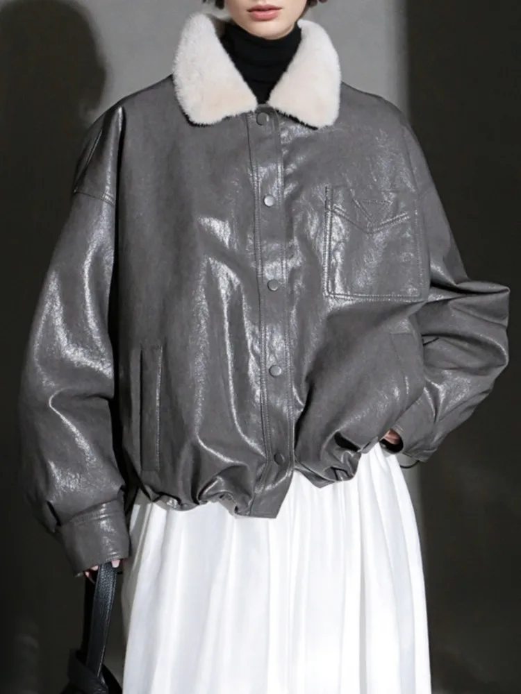 ZMEENNA veste en simili cuir marron pour femme col en fourrure blanche amovible manteau court surdimensionné vêtements d'extérieur décontractés ZM4531