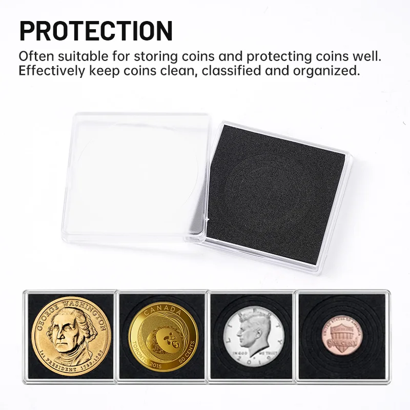 20pcs 20/25/30/35/40mm Square Coin Holder Foam Padding Container Mini Coin Storage Small Plastic Box Transparent Protection