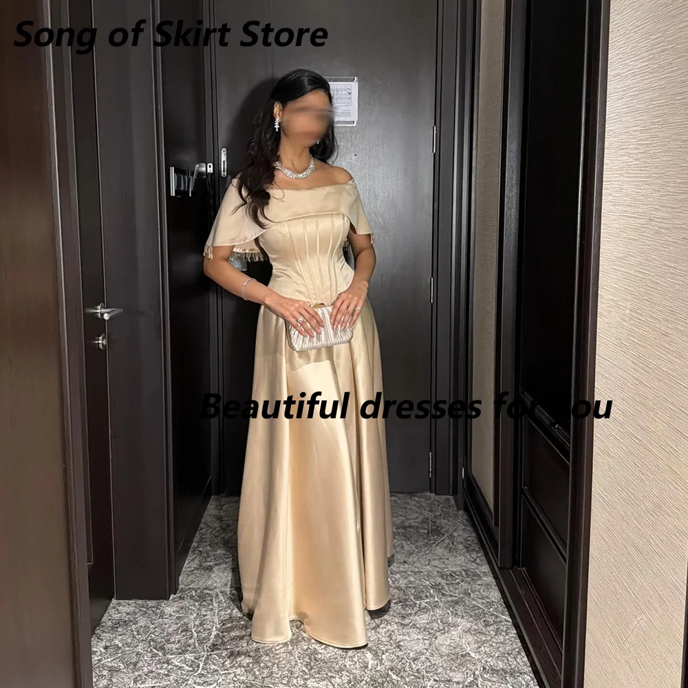 

Champagne Evening Dress Customized Off The Shoulder Short Sleeves A Line Prom Gown Pleated Satin Floor Length Party Dresses