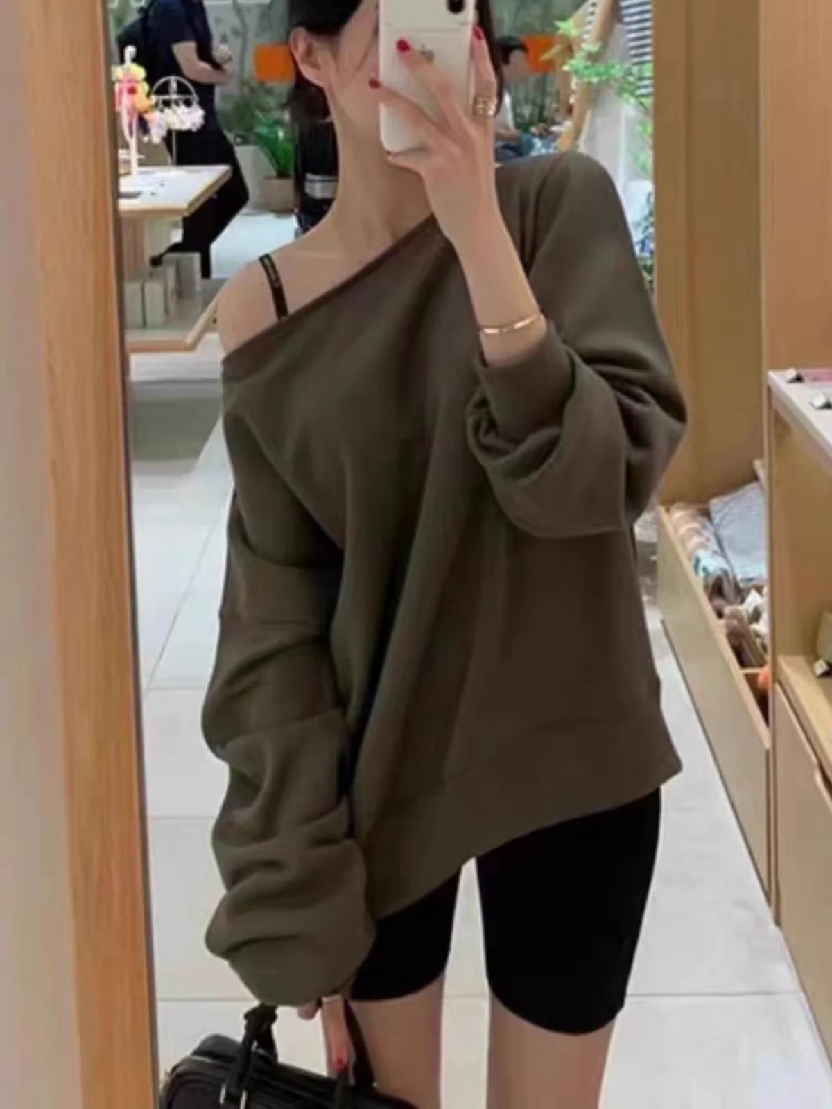 Felpa monospalla da donna allentata Autunno Faion Coreano Sle Capispalla casual ort Sve Long Ne Design Colore puro