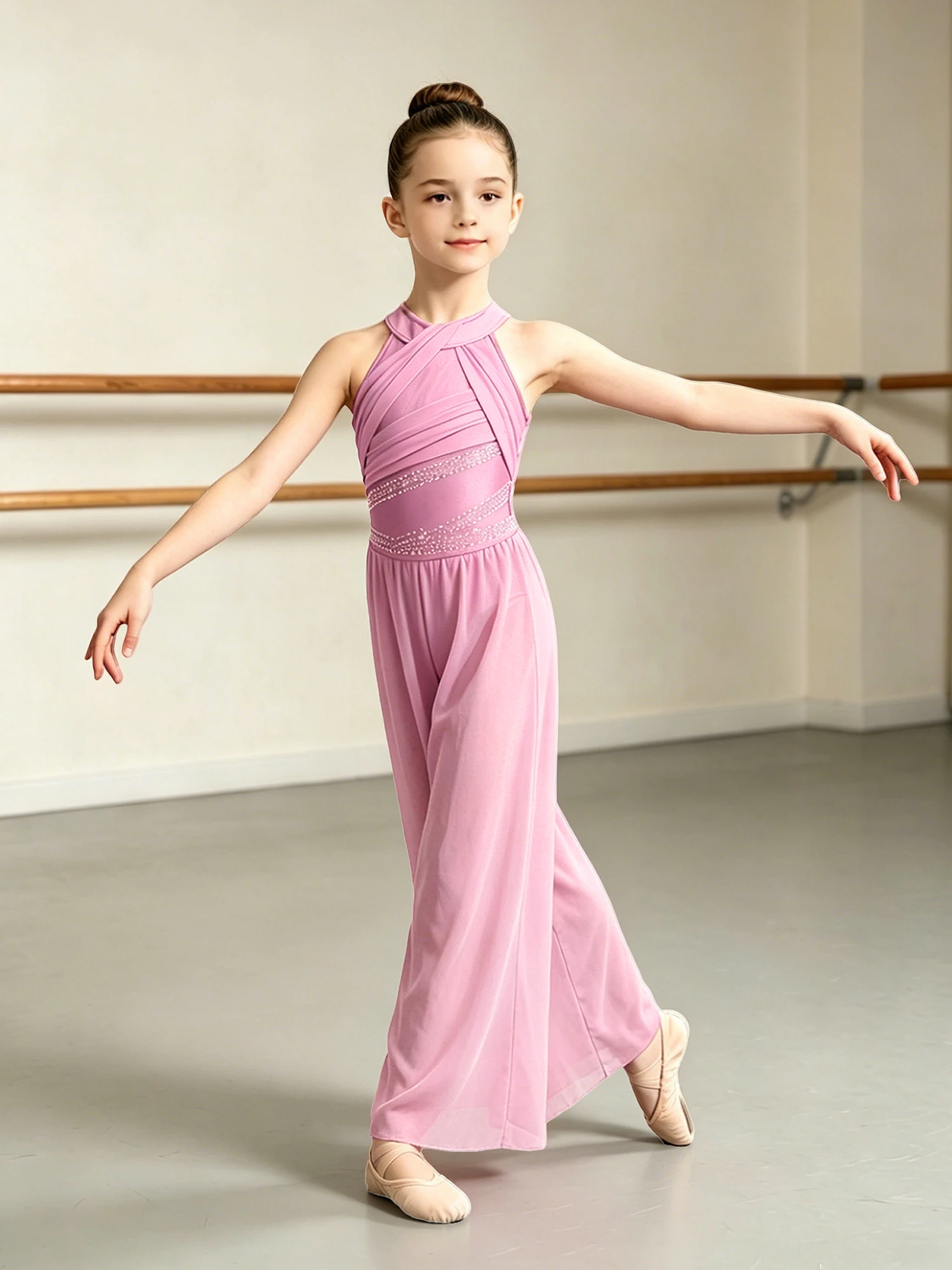 Girls Flowy Mesh Overlay Ballet Jumpsuit Halter Criss‑Cross Ruched Front Sparkly Rhinestone Waist Kids Lyrical Dance costume