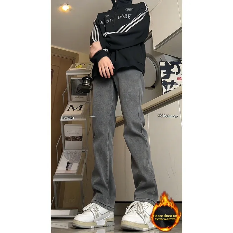 

Серые теплые джинсы на флисовой подкладке, мужские осенне-зимние облегающие прямые брюки, длинные брюки в американском стиле High Street, молодежный тренд