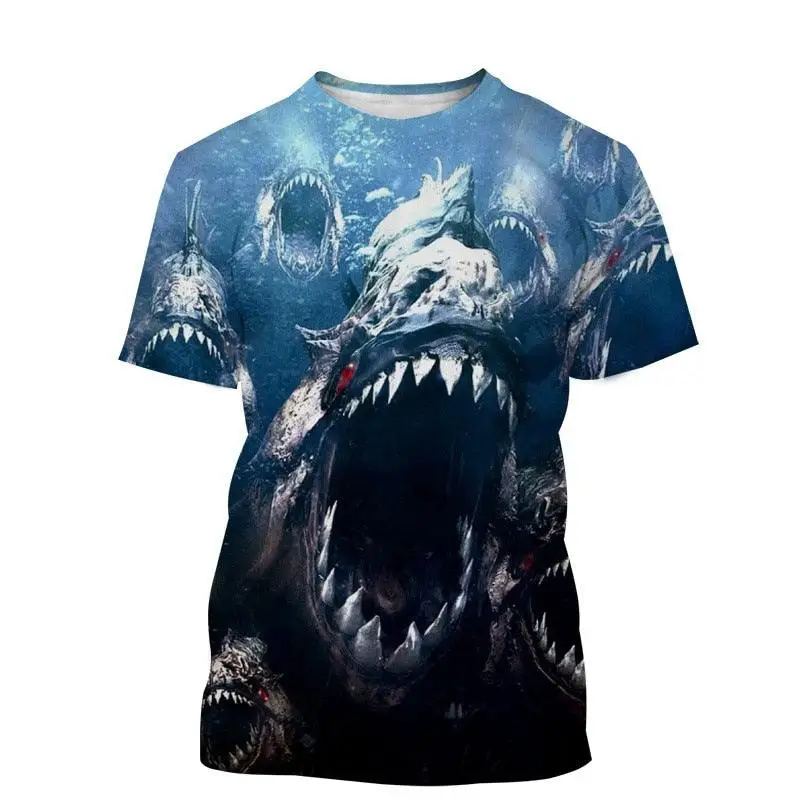 Piranha 3d Printed Pattern Summer Men\'S Short Sleeve Street Trend Personality Retro T-Shirt Creative Harajuku Loose Quality Top