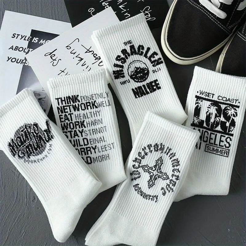 8 pairs of trend cartoon letters autumn and winter stockings casual men\'s socks sweat-absorbent breathable student high-top