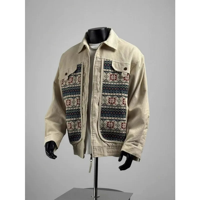 

Extra Large 300 Pou Ethnic Sle Patchwork Stand Collar Jaet Men's Spring Autumn American Retro Color Blo Corduroy Coa...