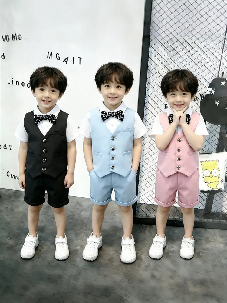 

Детские костюмы для мальчиков, летняя рубашка с коротким рукавом и лацканами + галстук-бабочка + жилет + шорты, комплект из 4 предметов, для детей 2-7 лет