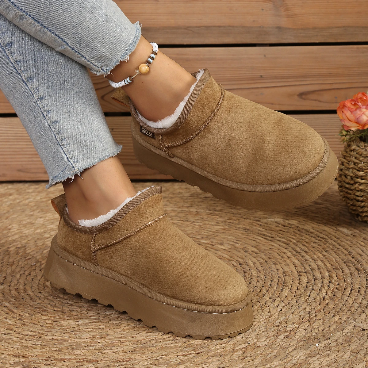 Winter Round Head Deep Mouth Drill Butterfly Suede Thickened Soft Sole Cotton Boots Women's Fashion Flat Snow Boots