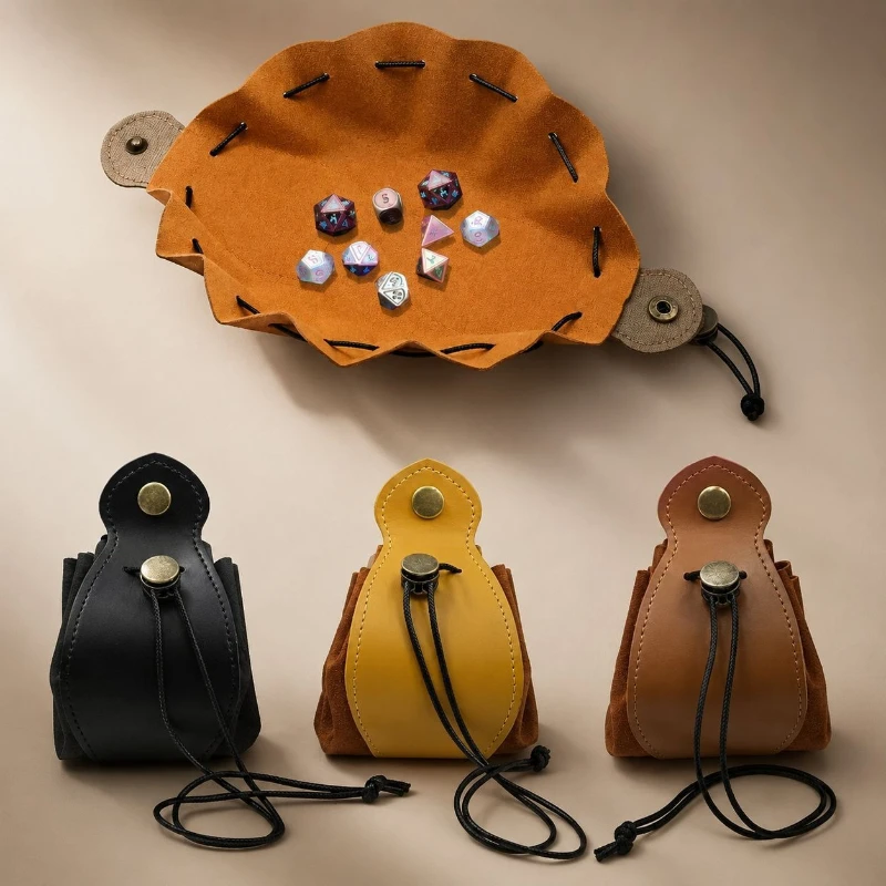 Leather Square Dice Storage Pouch Drawstring Bag Protective Case for RPG DND Board Game Coins Jewelry Tray