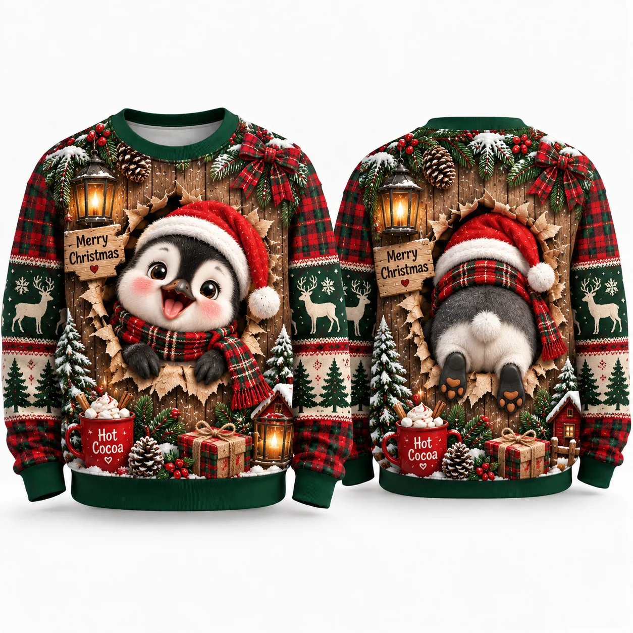 Hot Penguin Ugly Christmas Sweater, Cozy Holiday Sweaters With Santa Hat Snow Scene For Winter Party And Xmas Gift