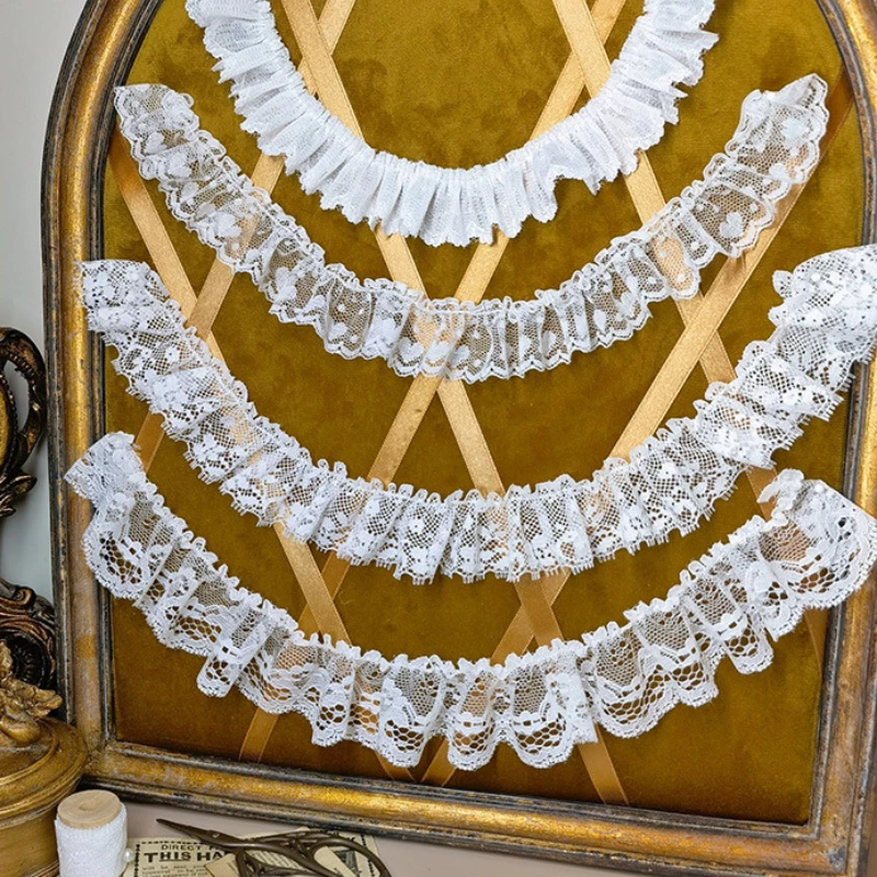 New White Gathered Lace Embroidery Accessories Pet Lolita Cuff Collar Skirt Decoration Eyelet Lace Trim Frill Tulle DIY Ribbon