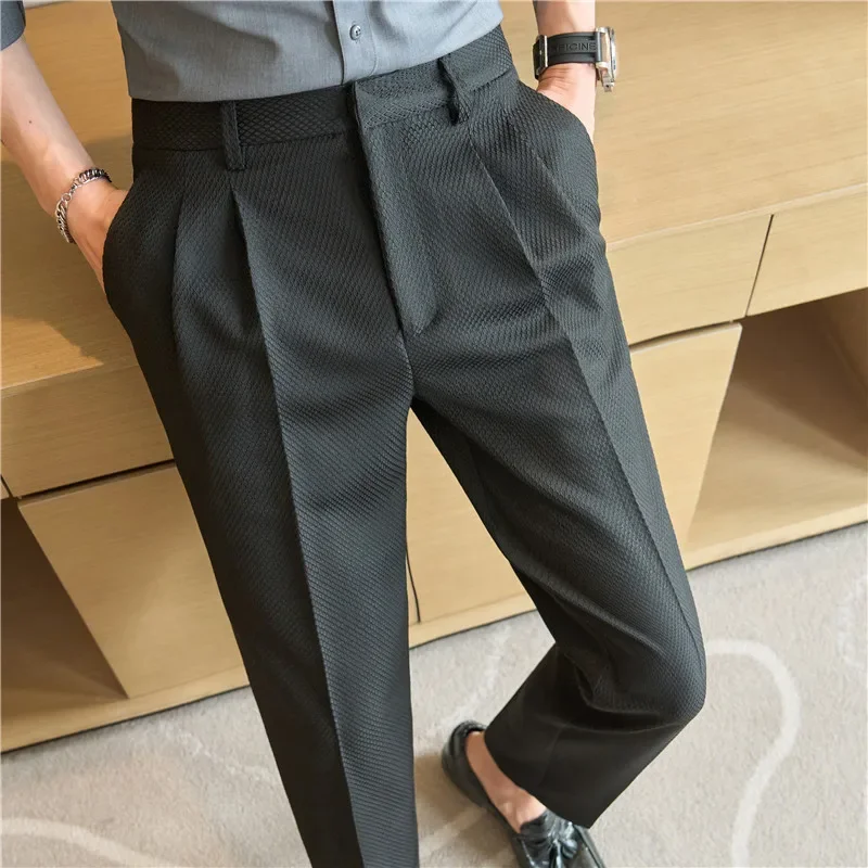 High Waisted Waffle Suit Pants 2024 Autumn British Style Casual Solid Trousers Elastic Slim Fit Formal Dress Pants Men Clothing