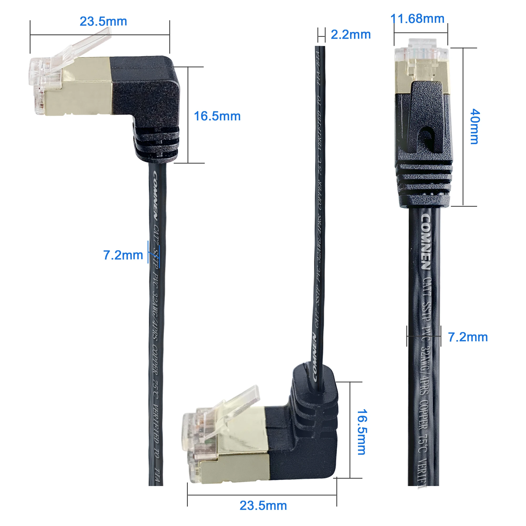 COMNEN Cat7 Flat Angle Ethernet Cable RJ45 SSTP 90 Degree Up Down Patch Cord 1/3/5 Feet Network Lan for Router Modem PC PS4