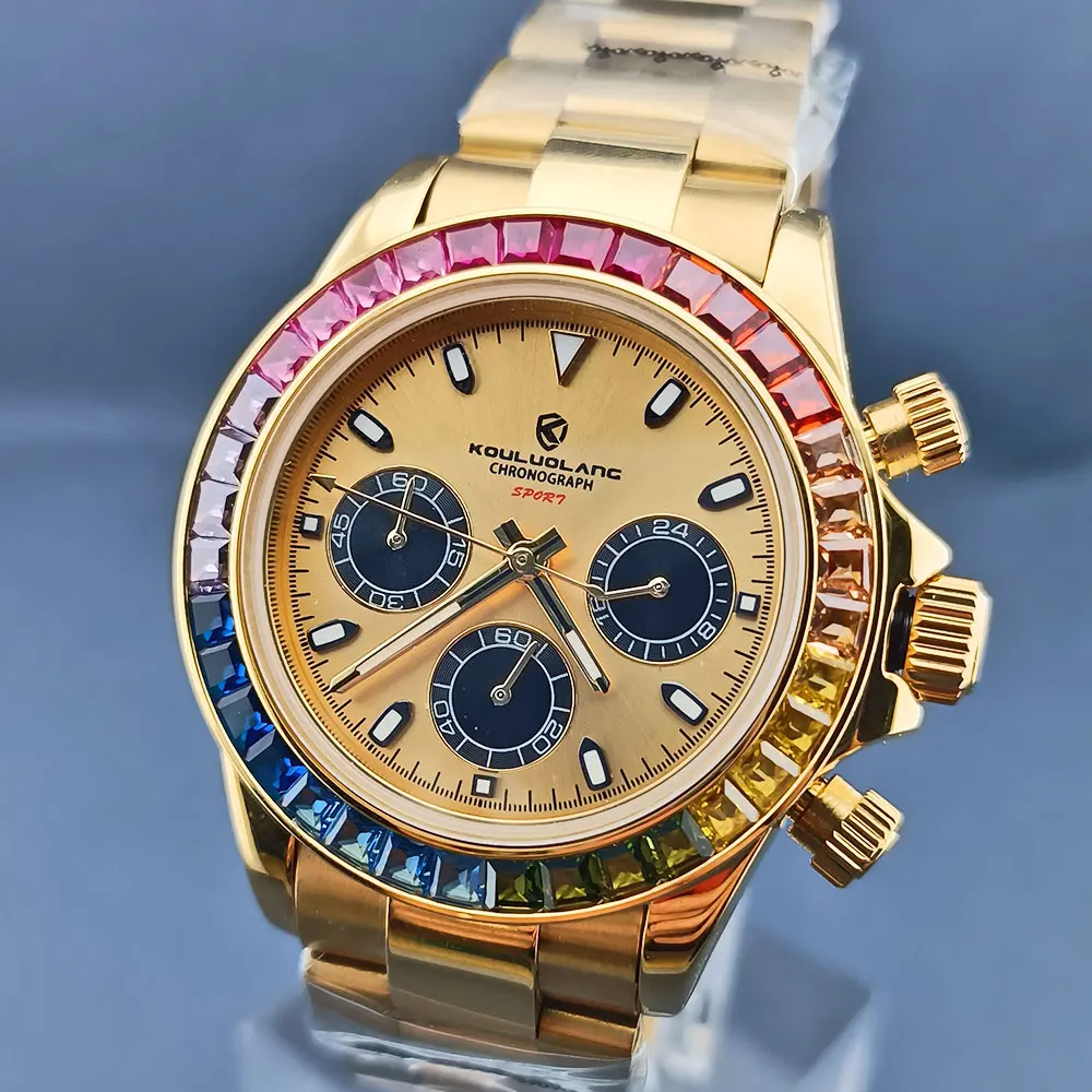VK63 Quartz  Gold Watch Chrono Code Watch 316L Stainless Steel Sapphire Glass Green Luminous Dial Colored diamond bezel watch 1