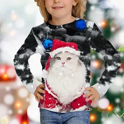 T-Shirt Cats Print for Children Halloween Christmas Tree T Shirts Cat Snowman Girly Clothes from 6 to 14 Years White Kawaii Tees