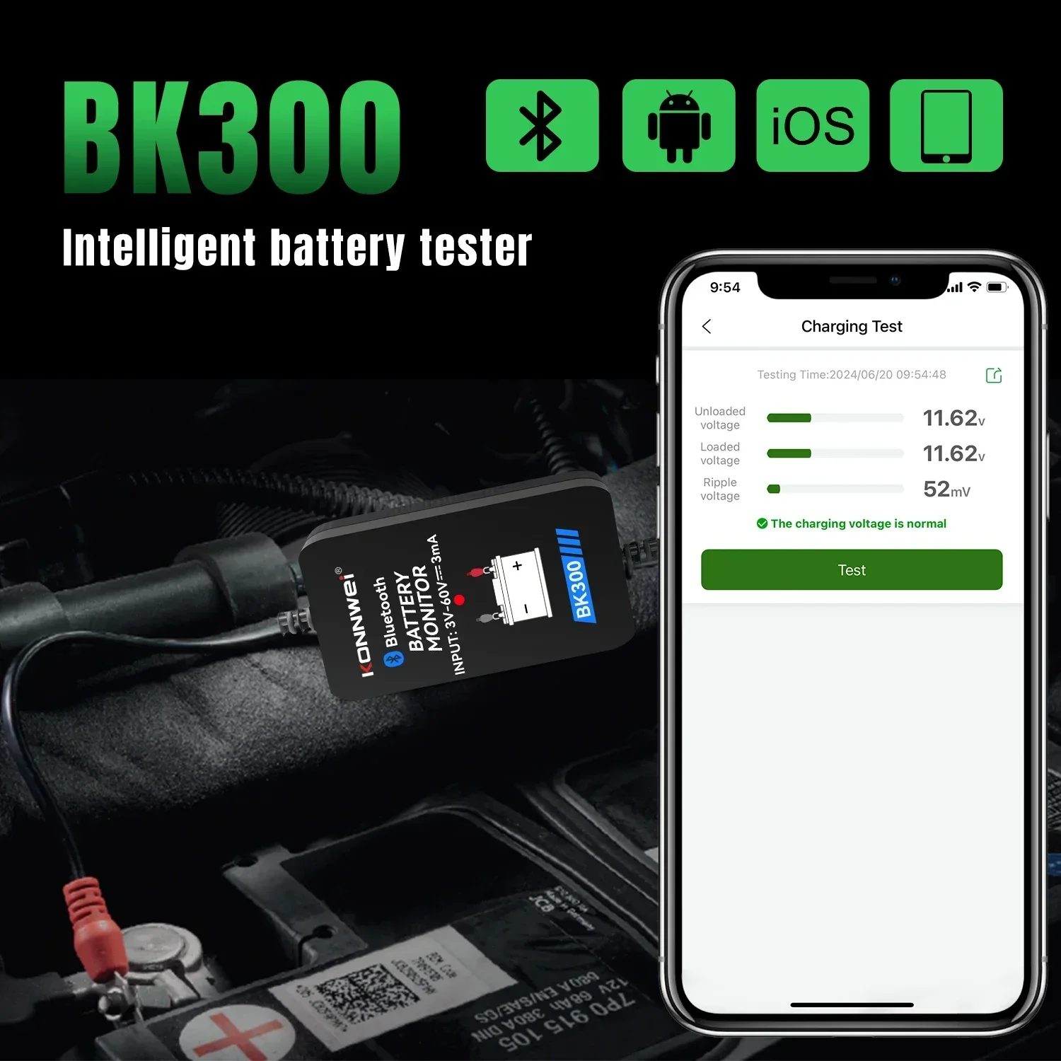 KONNWEI BK300 Bluetooth Car Battery Monitor 12V 24V Waveform Battery Tester Charging Cranking Test Tool For Ios Android