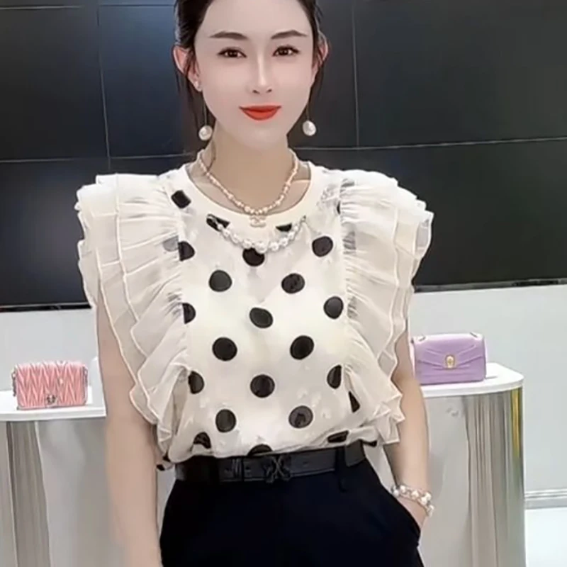 

Fashion Printed Beading Butterfly Sleeve Polka Dot Blouses Women's Clothing 2024 Summer New Loose Chic Tops Office Lady Shirts