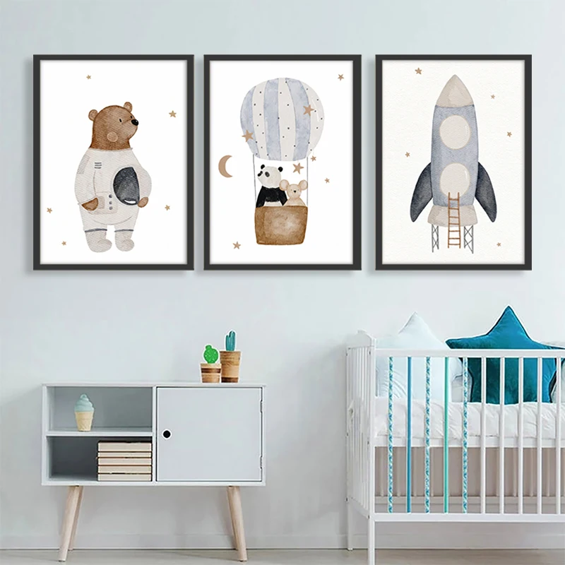 Neutral Watercolor Space Animal Canvas Wall Art Set Astronaut Bear Rocket Hot Air Balloon Panda Print Boy Nursery Playroom Decor view 3