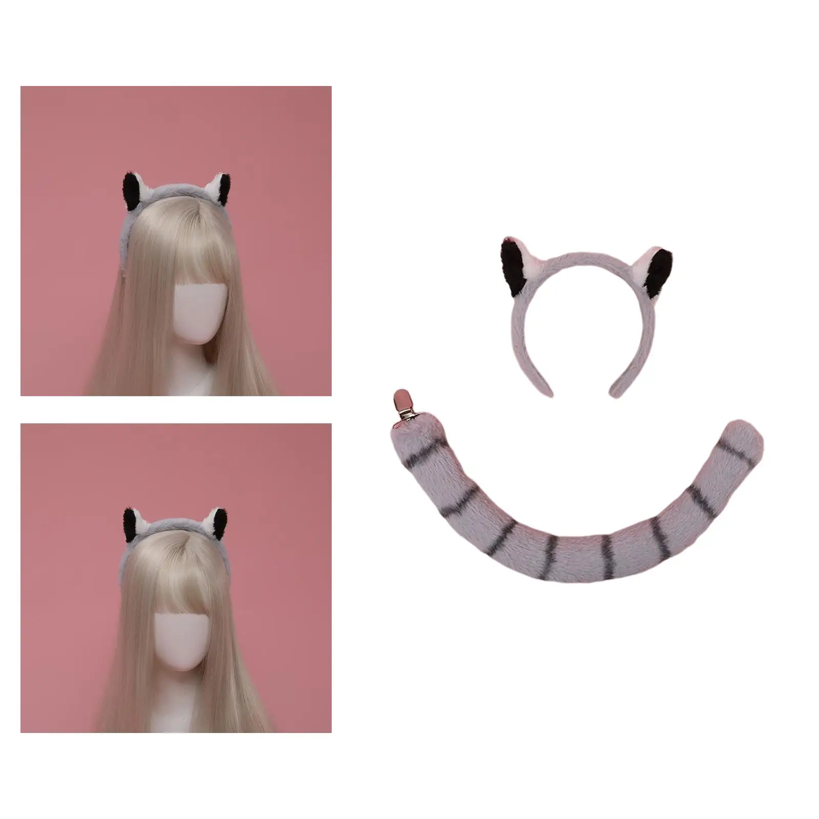 Plush Raccoon Ears and Tail Set Costume Fancy Dress Headpiece Dressing